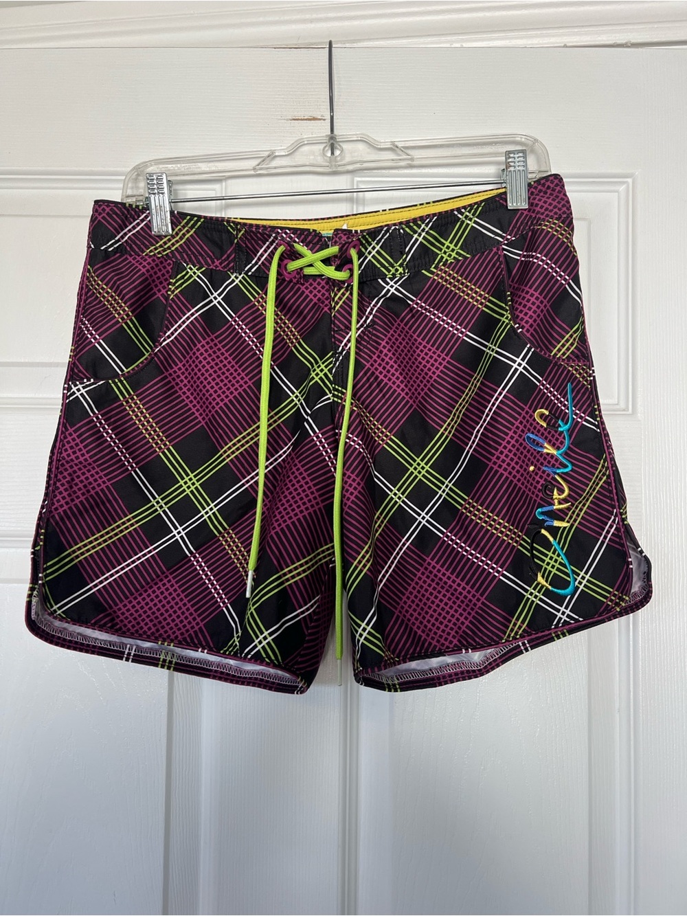 O'Neill Purple & Black Plaid Women’s Bermudas with Lime Drawstring